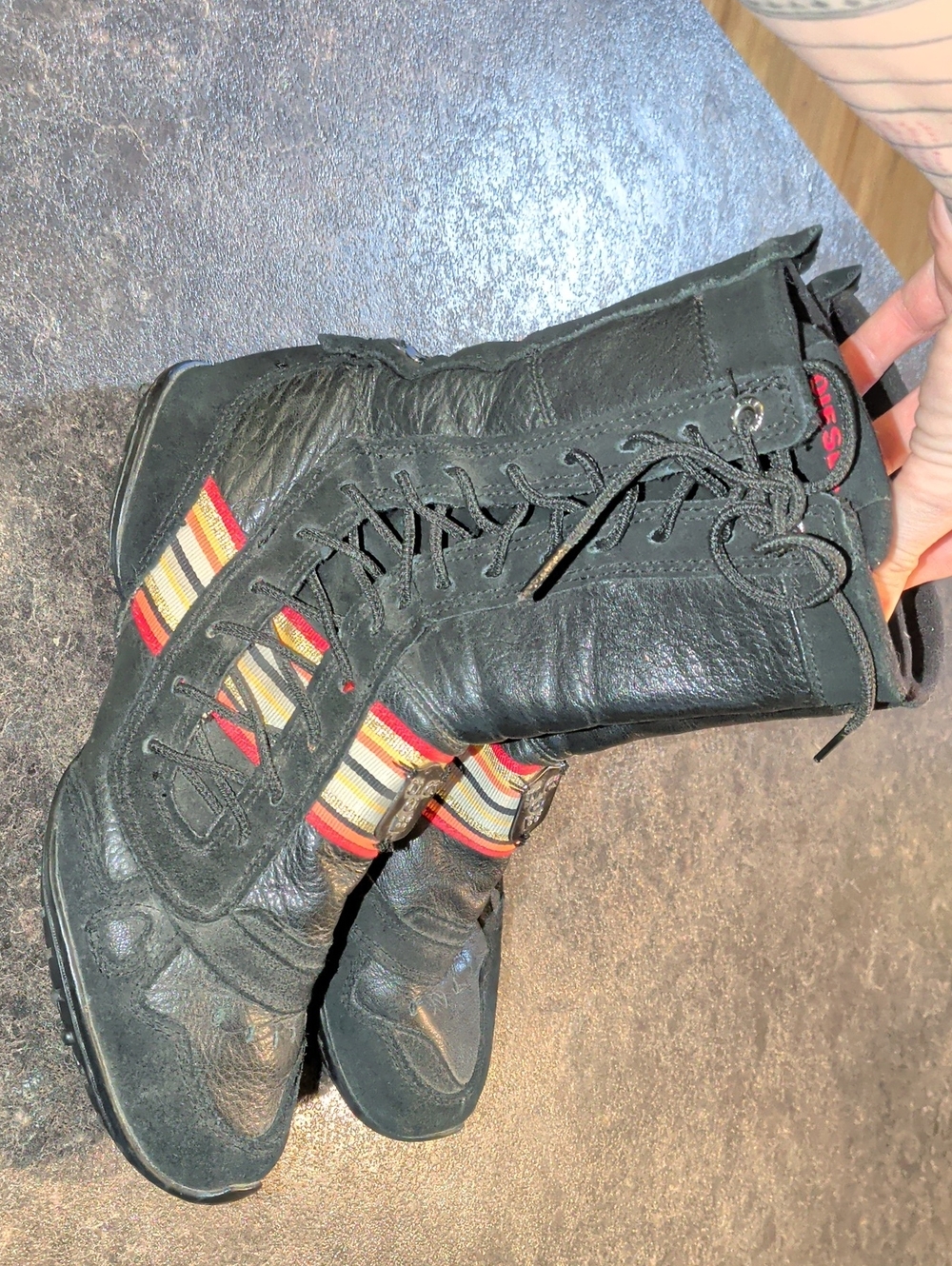 Diesel Black Leather Lace-Up Boots with Red, Yellow & Cream Stripes